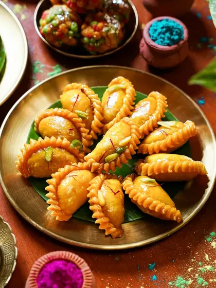 A platter of golden, flaky Gujiyas, a classic Holi delicacy. The close-up shot on a brass plate with festive colors in the background highlights the sweet's tempting texture.