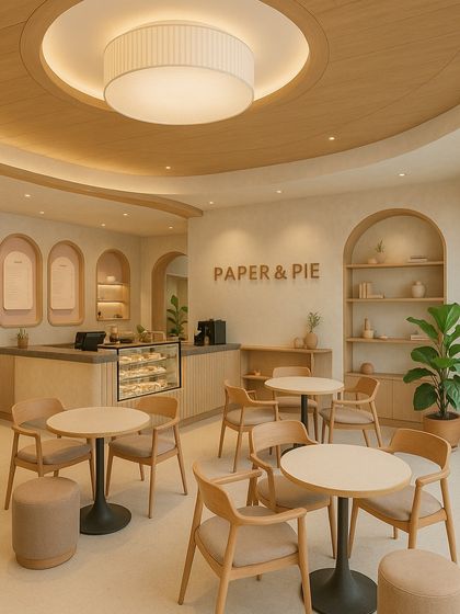 Another AI dream of a future cafe. This design plays with curved archways and a warm, rounded ceiling, creating a cozy and modern feel.