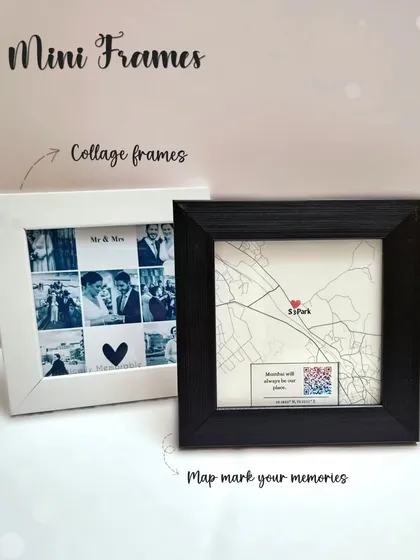Two types of mini frames are displayed: a black map frame and a white photo collage frame, showing the different ways you can preserve your memories.
