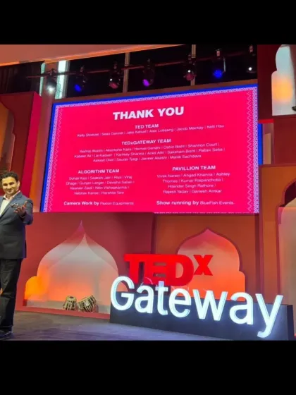 The closing credits roll at the TEDx Gateway event, acknowledging our role in 'Show running'. We managed the content, anchors, and FOH for this day of transformative ideas.