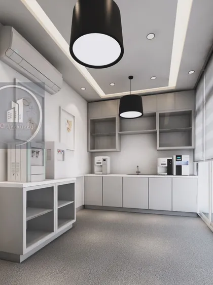 A design concept for a lab's pantry and utility area. The space is planned for functionality with grey cabinetry, durable countertops, and ample room for equipment, all while maintaining a modern look.
