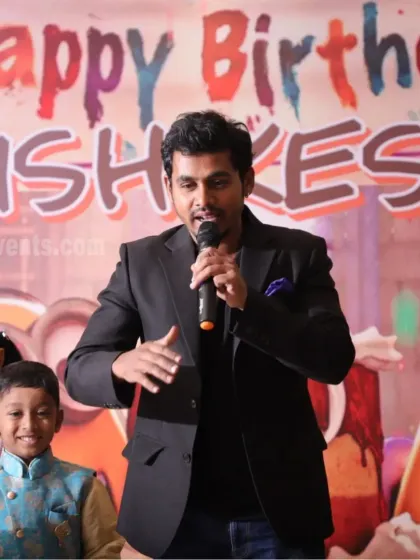 As your event host, I keep the energy high and the program moving smoothly. This was at a fun Minions-themed birthday party for Hrishikesh.