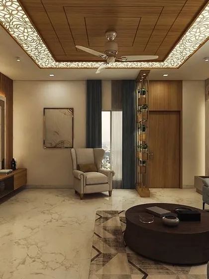 A 3D render of a modern and sophisticated TV unit. The design includes a wooden entertainment console, a marble-patterned back panel, and a beautiful wooden false ceiling with CNC-cut panels.