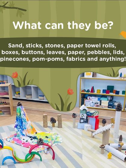 What can loose parts be? Sand, sticks, stones, paper towel rolls, boxes, and buttons can become anything a child imagines. Our classrooms are filled with these materials to encourage limitless, child-led play.