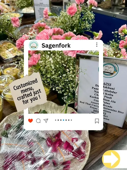 I specialize in creating customized menus crafted just for you. This image shows a menu card at a catered event, alongside beautifully presented food, emphasizing my bespoke service.