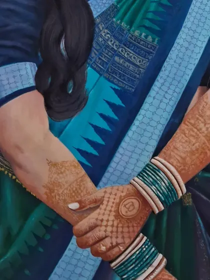 The details are where a story resides. In this close-up of a commissioned painting, I meticulously rendered the complex patterns of the mehndi and the texture of the saree, as these elements were deeply meaningful to the subject.