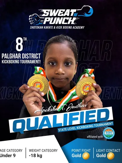 Apeksha T. Jadhav, another powerhouse from our Under 9 category, proudly displaying her two gold medals. Her dedication in training is an inspiration to all our young athletes.