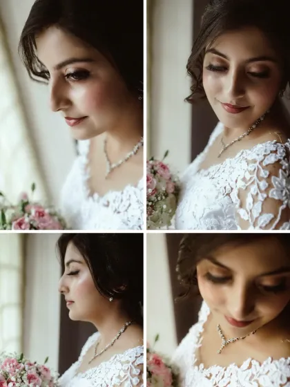 A quad of close-up bridal portraits, highlighting her elegant makeup, jewelry, and the different expressions of a bride on her wedding day.