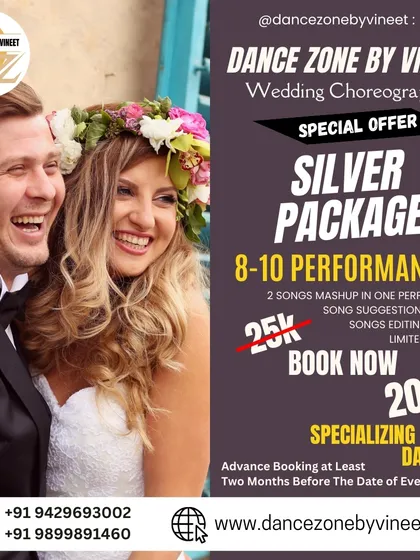 Our Silver Package is a great mid-range option, covering 8-10 performances with custom song mashups. We specialize in making non-dancers look great on stage.