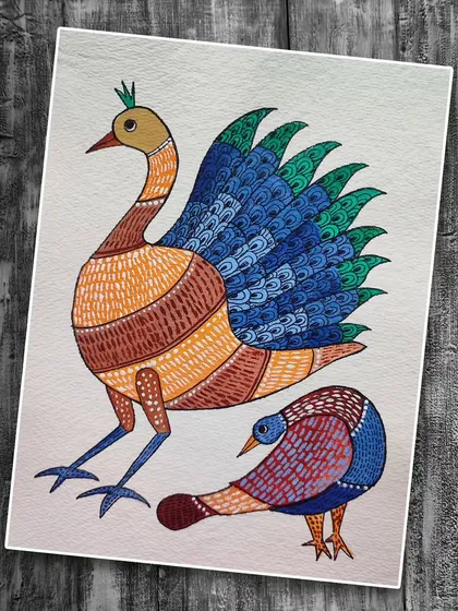 A colorful Gond art painting by Ayako Sagara, featuring two birds with patterned bodies. The artwork showcases the vibrant colors and imaginative forms characteristic of the Gond tribe's artistic style.