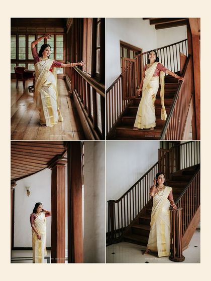 A collage of the bride's portraits, showcasing her graceful dance poses and elegant attire within the beautiful Bolgatty Palace.