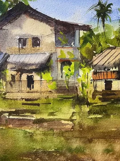 The beautiful Konkan coast, painted in watercolor on paper. It felt good to paint this after a long time, switching from my usual cityscapes to these lush, green landscapes. This piece was inspired by a picture and my love for the serene beauty of Konkan.