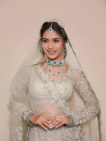 The full look with a sheer, embellished dupatta. This style is perfect for a Nikkah ceremony or a glamorous reception, combining tradition with modern elegance.