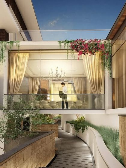 An architectural rendering of an opulent bungalow in Rajasthan, where the design and landscape dance in harmony. Cantilevered elements and a bridge-like passage create an enchanting journey with breathtaking views at every level.