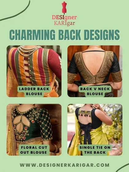 A collection of charming back designs for blouses. This includes a ladder back, a classic V-neck, a floral cut-out, and a simple tie-on back.