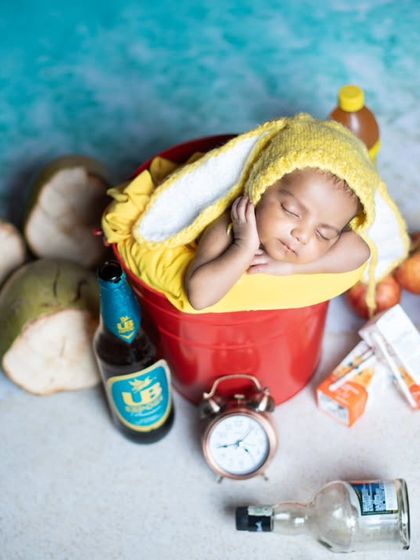 This overhead shot of the beach bunny shows the full, quirky setup with coconuts, an alarm clock, and empty bottles.