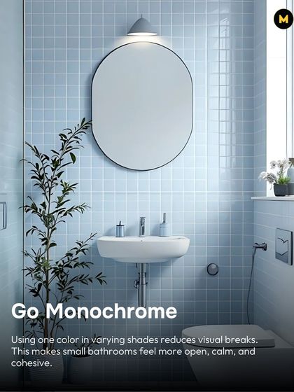 To make a small bathroom feel larger, go monochrome. Using one color, like this soft blue, in varying shades and textures reduces visual breaks and makes the space feel more open, calm, and cohesive.