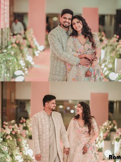 This collage captures the beautiful moments of an engagement ceremony. From the couple's grand entrance to their happy portraits, it showcases the joy of the celebration.