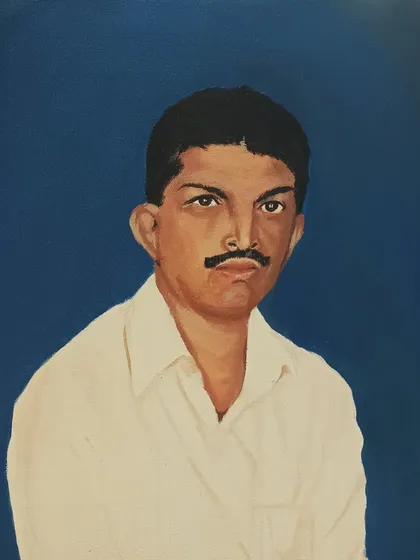 A classic solo portrait painted with acrylics on a solid blue background. This was a commission based on a photograph, designed to be a timeless keepsake.