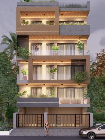 A residential elevation concept that heavily integrates greenery into the facade, with planters built into the balconies at every level.