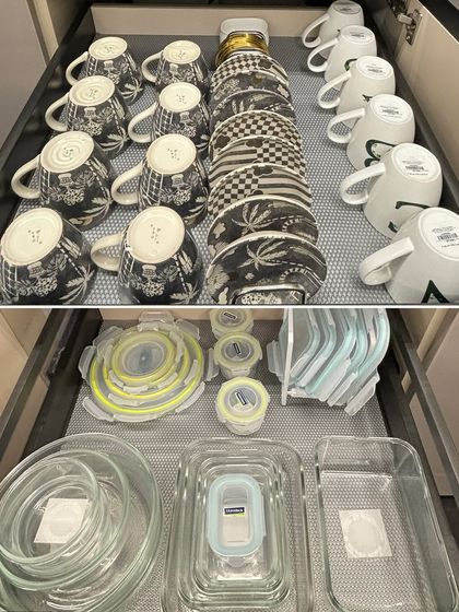 A drawer for mugs and another for glass storage containers. We always recommend drawer liners to protect your items and keep them from shifting.