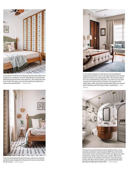 A collage from a press feature showcasing two different bedroom styles: one with a fabric-paneled screen and another with a classic tufted bed.
