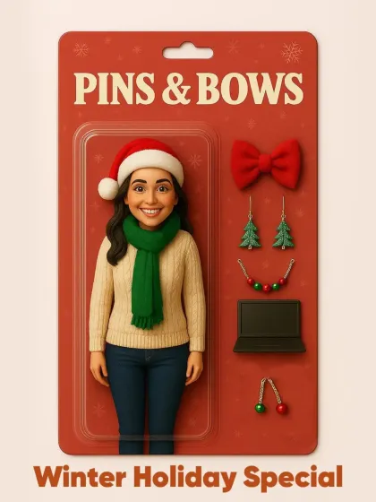 Our AI-generated toy concept for the "Winter Holiday Special." This adorable set features a character dressed for the cold with festive accessories like a Santa hat, a red bow, and Christmas tree earrings.