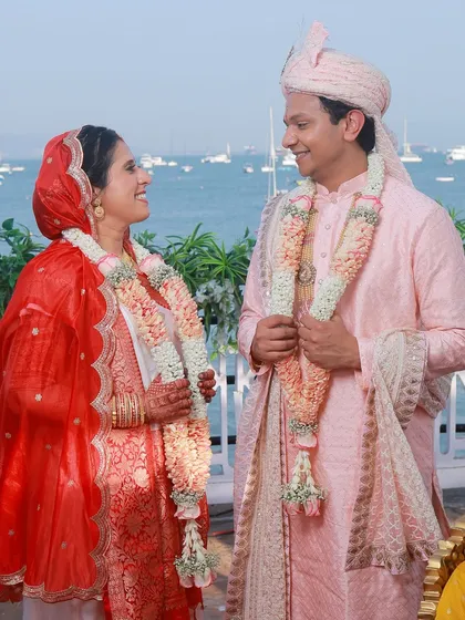 Capturing pure joy at a beautiful seaside Gujarati wedding. I provided a natural, long-lasting look for both the bride and groom, ensuring they looked and felt their best during their special moments together.