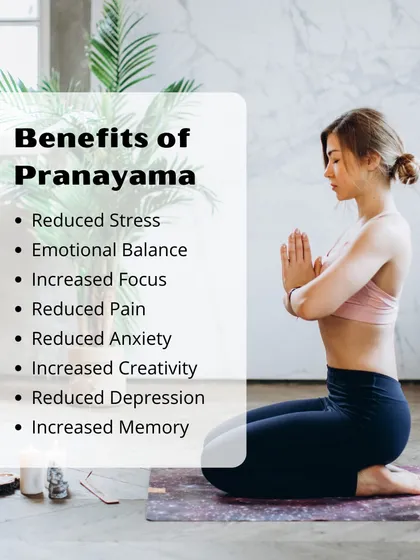 This image lists the key benefits of a regular pranayama practice, including reduced stress, emotional balance, increased focus, and improved memory. Our courses are designed to help you achieve these results.