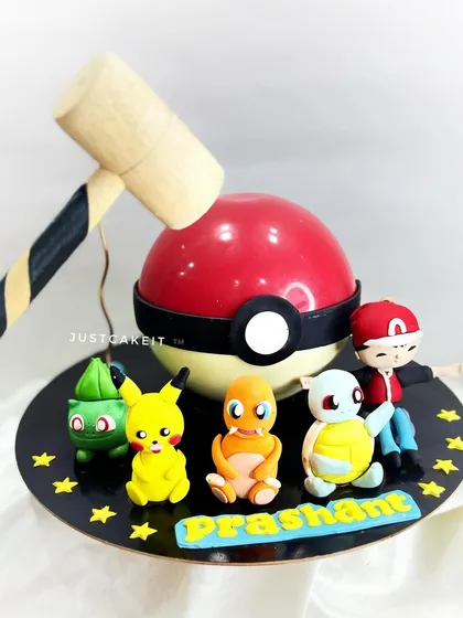 My piñata cakes are always a hit. This Pokémon-themed one, with a Rasmalai cake inside and all-edible figures, was sturdy enough to travel all the way to Lonavala perfectly intact.