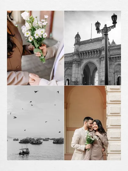 A collage that captures the spirit of old Bombay for a pre-wedding shoot. It combines iconic landmarks like the Gateway of India with romantic portraits and scenes of the bustling harbor.