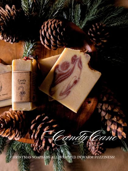 This is my Candy Cane soap, designed to bring back sweet holiday nostalgia. I create the red and white swirls using natural colorants and infuse the bar with a fresh peppermint essential oil blend for an invigorating shower experience.