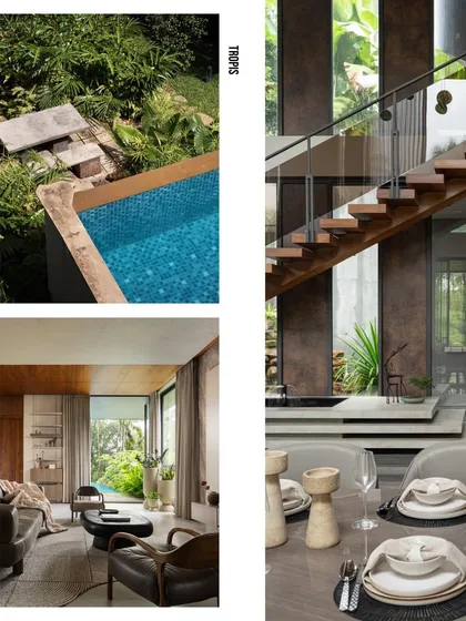 This collage reveals moments within the 'Tropis' residence, from the tranquil poolside to the elegant dining area and staircase, all connected to the lush exterior.