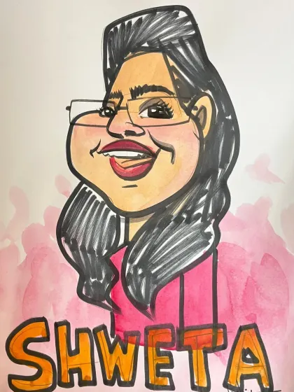 A color caricature of 'Shweta' from a Women's Day event, with her name in a fun, bubbly font.