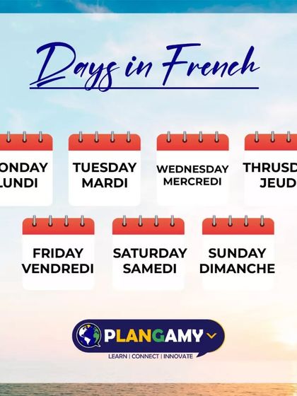 A vibrant graphic teaching the days of the week in French, such as 'Lundi' for Monday and 'Mardi' for Tuesday.