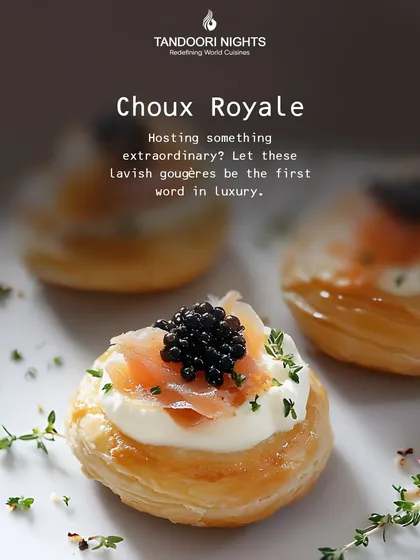 Luxury is in the details. Our Choux Royale, featuring delicate choux pastry with smoked salmon and a touch of caviar, represents our commitment to gourmet excellence and crafting exquisite, memorable bites for your event.