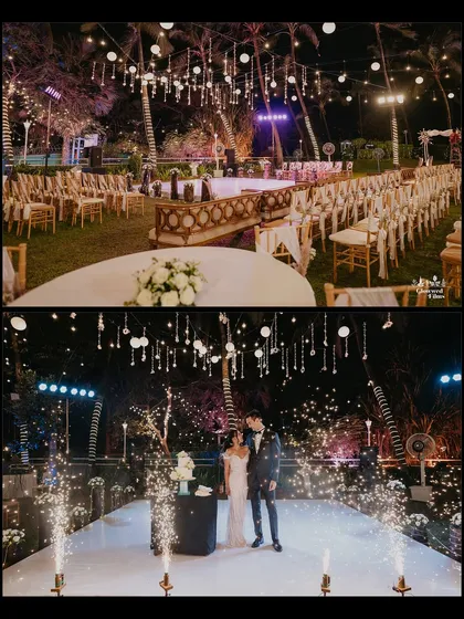 The stunning decor of the outdoor cocktail night, with hanging crystals and fairy lights, and the couple's cake-cutting moment.