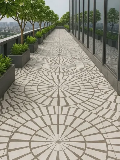 A full view of our exclusive patterned tiles on a long terrace, creating a grand and elegant walkway.