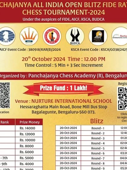 Information for the All India Open Blitz FIDE Rating Tournament 2024. I also organize fast-paced formats like Blitz chess, complete with a 1 Lakh prize fund and official FIDE rating.