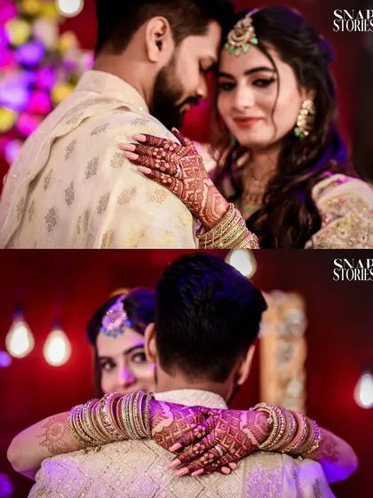 A collage showing the bride's intricate henna and the couple's embrace. We focus on both the beautiful details and the emotional connections.