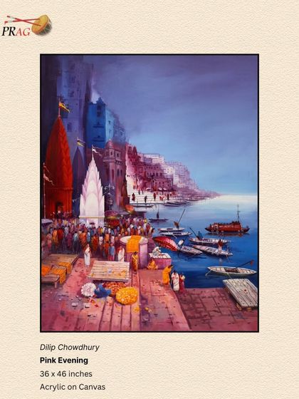 'Pink Evening' by Dilip Chowdhury, a vibrant depiction of the Banaras ghats at dusk, with the temples glowing in warm, colorful light.