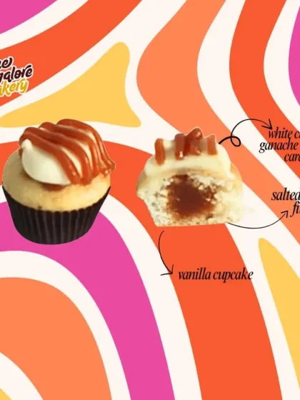 Here’s a look inside my Salted Caramel Delight mini cupcake. It starts with a soft vanilla cupcake, filled with a gooey salted caramel centre, and topped with a smooth white chocolate ganache and a caramel drizzle.