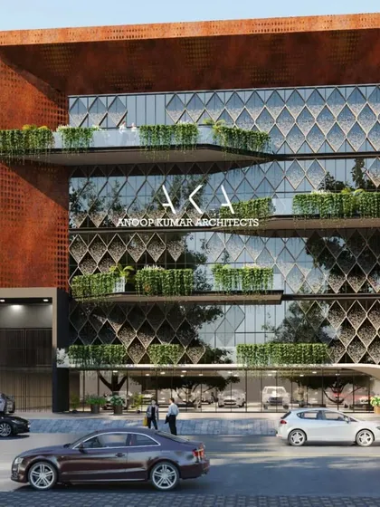 This 1000 sqm office building in Gurgaon's IT hub features a distinctive diamond-patterned glass facade. I integrated green balconies at multiple levels to introduce natural elements into the corporate environment, creating a productive and visually striking workspace.