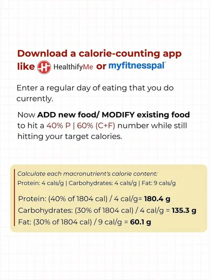 Use a calorie-counting app to track your food. Aim for a macro split of around 40% protein and 60% carbs and fats, while staying within your target calories. This ensures you're losing fat, not just weight.