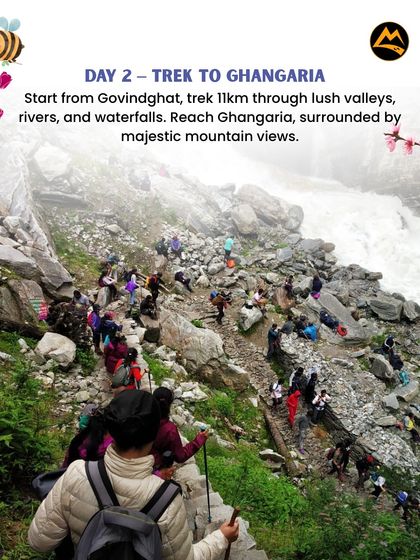 Day 2: The trek begins. We walk 11km from Govindghat to Ghangaria, through lush valleys, alongside rivers, and past waterfalls.