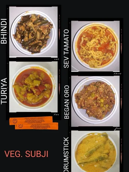 I offer a variety of homemade vegetable curries, or sabjis, for your daily tiffin. This collage shows some popular options like Bhindi, Sev Tamato, Turiya, Ringan no Oro (baingan bharta), and Drumstick curry, all cooked fresh to order.
