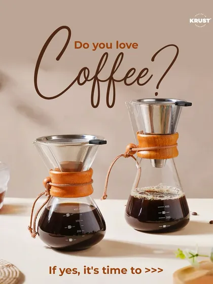 Featuring beautiful pour-over coffee makers, this graphic asks the simple question, 'Do you love coffee?' It's the perfect invitation to dive deeper into the world of brewing.