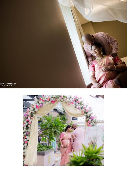 A collage showing both indoor and outdoor settings from the same shoot. This demonstrates how we can combine intimate indoor portraits with beautiful shots on a decorated balcony.