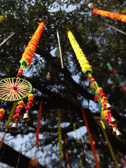 We decorated the trees at this outdoor Haldi venue with colorful hanging elements. These traditional dreamcatchers, marigold garlands, and bells added a festive and traditional touch to the natural surroundings.