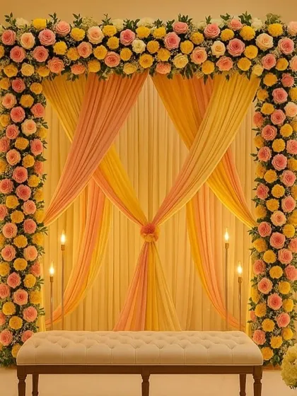 A classic and bright backdrop perfect for a Haldi ceremony. I used yellow and peach drapes with a full frame of fresh marigolds and roses, along with elegant candle stands, to create a warm and happy atmosphere.